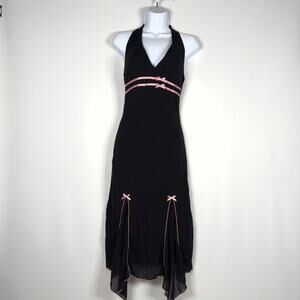 Speechless Women's Y2K Halter Dress Black Satin Pink Bows Size S